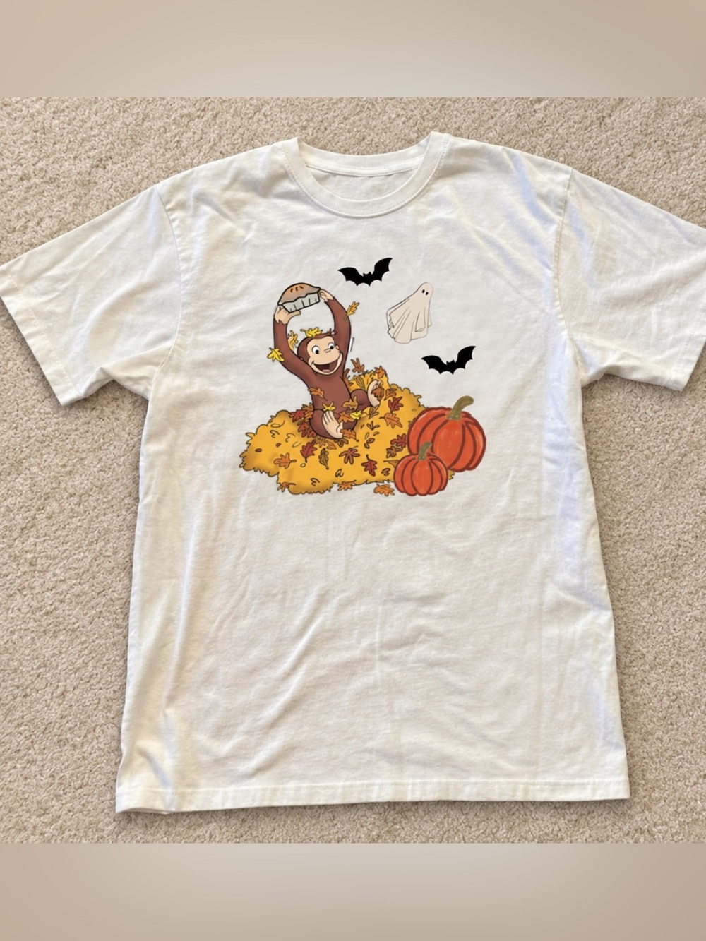 Gildan Reprint White Cute Monkey Halloween Tee with Orange Pumpkins